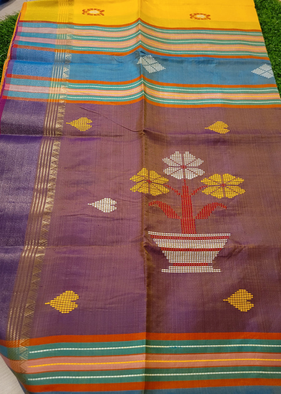 Bright Yellow And Lavender Kalakshetra Pure Soft Silk- Bengal