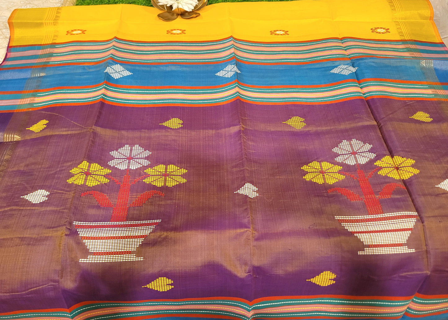 Bright Yellow And Lavender Kalakshetra Pure Soft Silk- Bengal