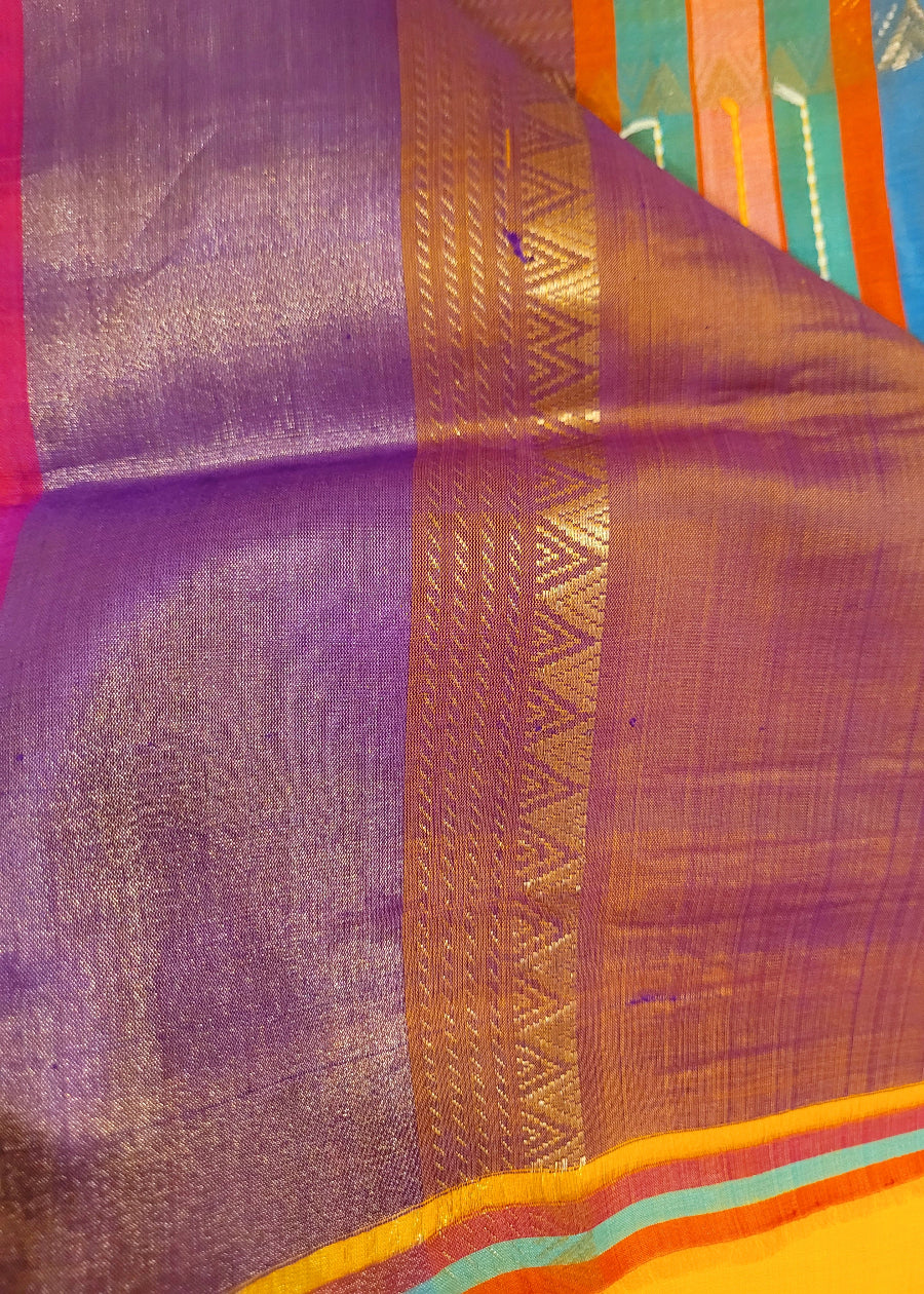 Bright Yellow And Lavender Kalakshetra Pure Soft Silk- Bengal