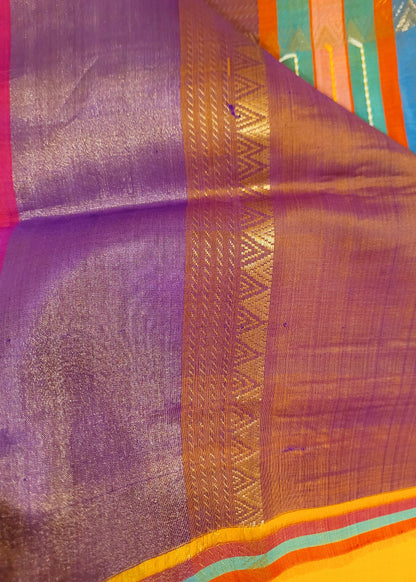 Bright Yellow And Lavender Kalakshetra Pure Soft Silk- Bengal