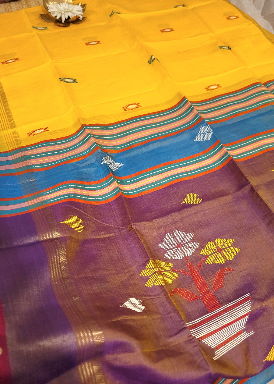 Bright Yellow And Lavender Kalakshetra Pure Soft Silk- Bengal