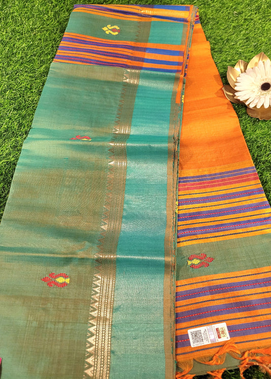 Turquoise  Dual Tone With Mustard Colour Kalakshetra Pure Silk Saree- Bengal