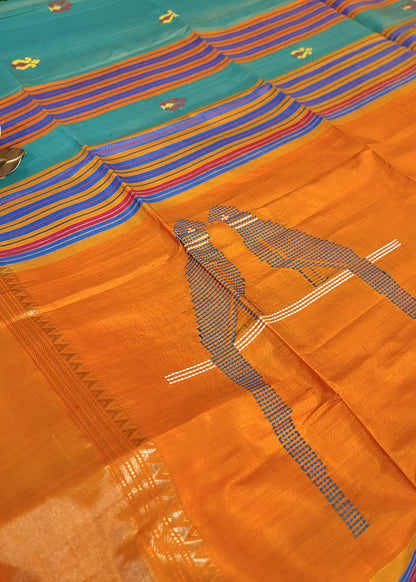 Turquoise  Dual Tone With Mustard Colour Kalakshetra Pure Silk Saree- Bengal