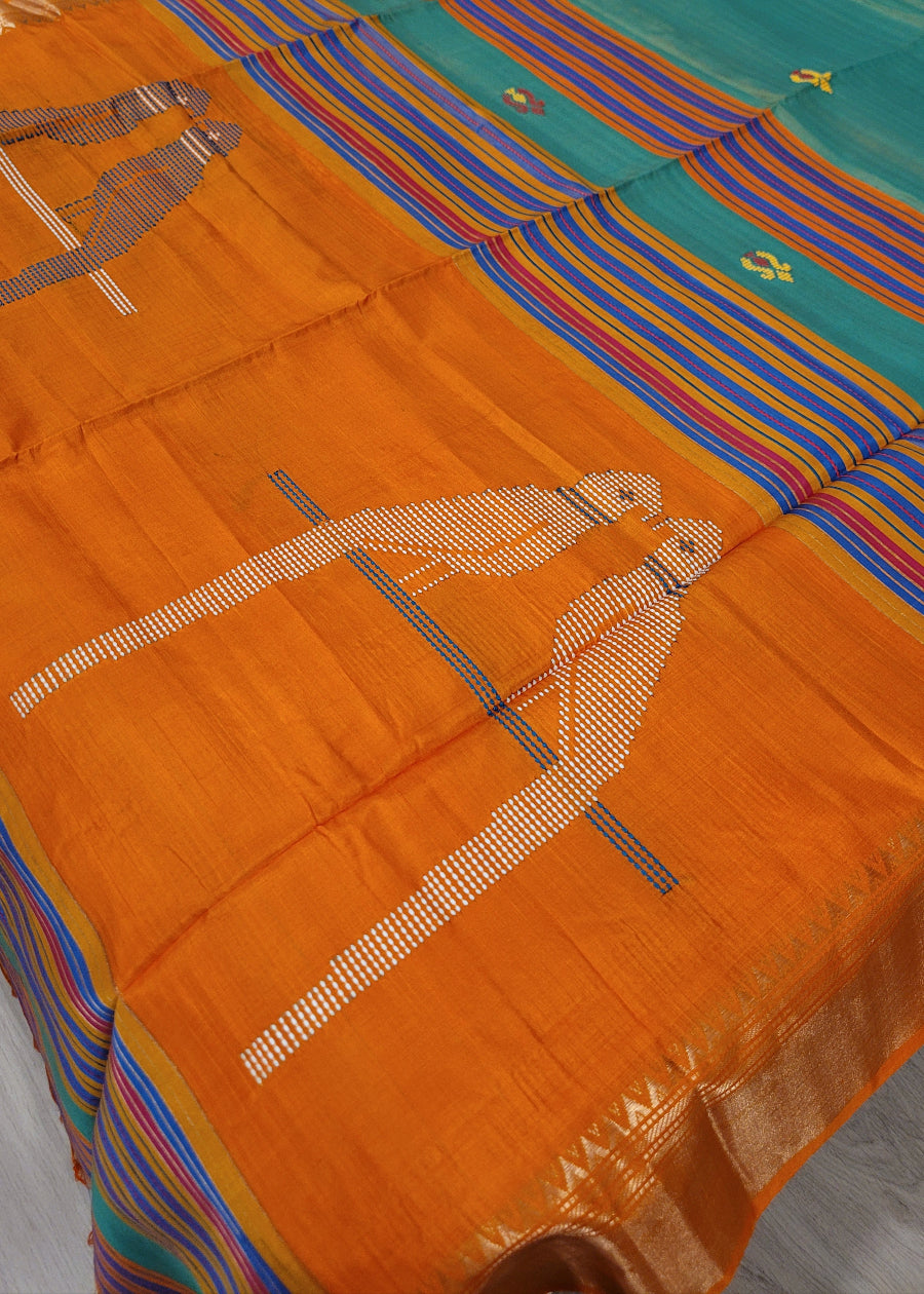 Turquoise  Dual Tone With Mustard Colour Kalakshetra Pure Silk Saree- Bengal
