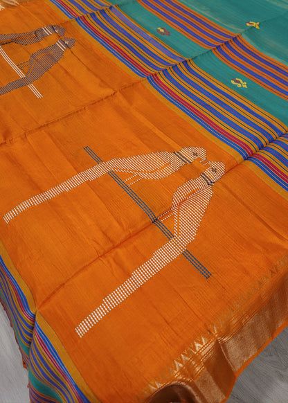 Turquoise  Dual Tone With Mustard Colour Kalakshetra Pure Silk Saree- Bengal
