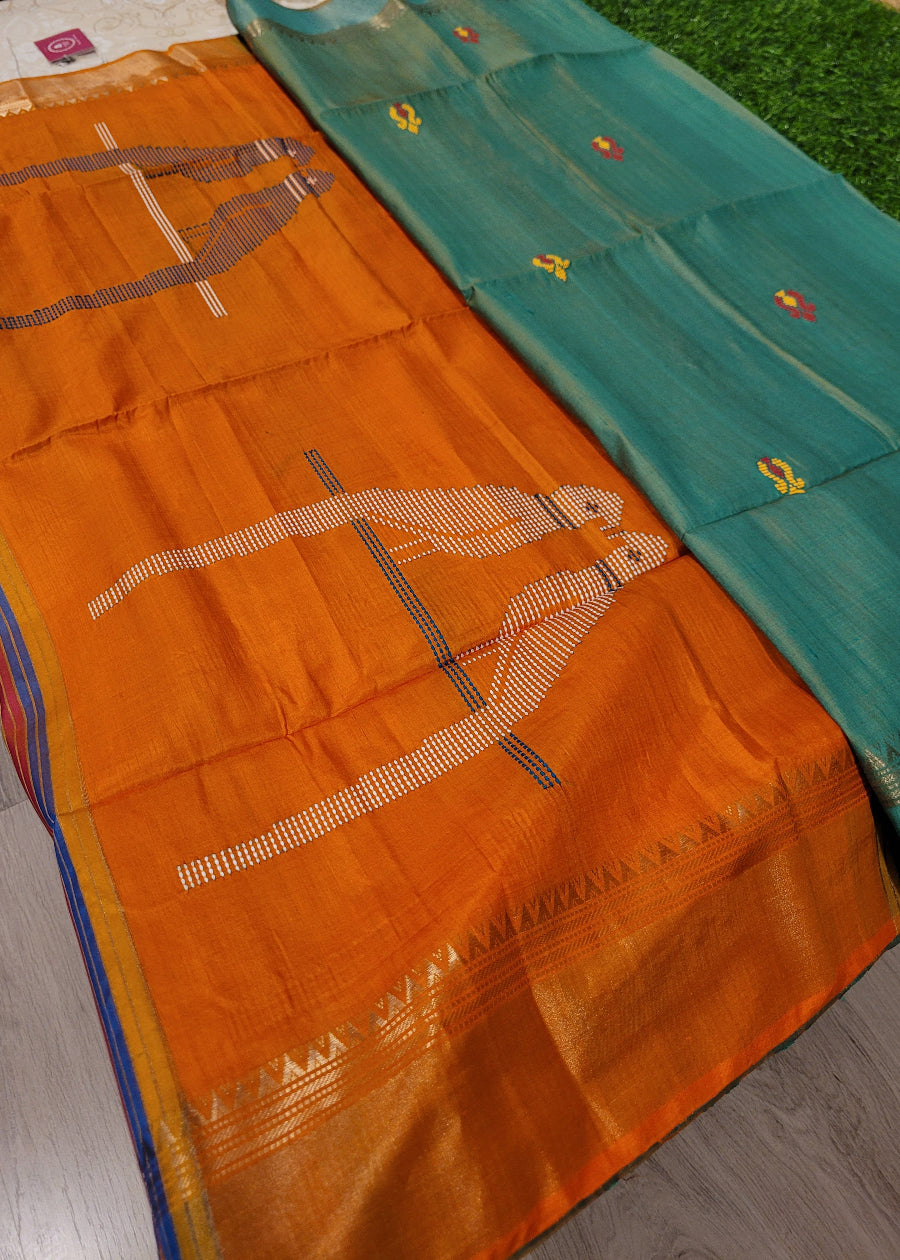 Turquoise  Dual Tone With Mustard Colour Kalakshetra Pure Silk Saree- Bengal
