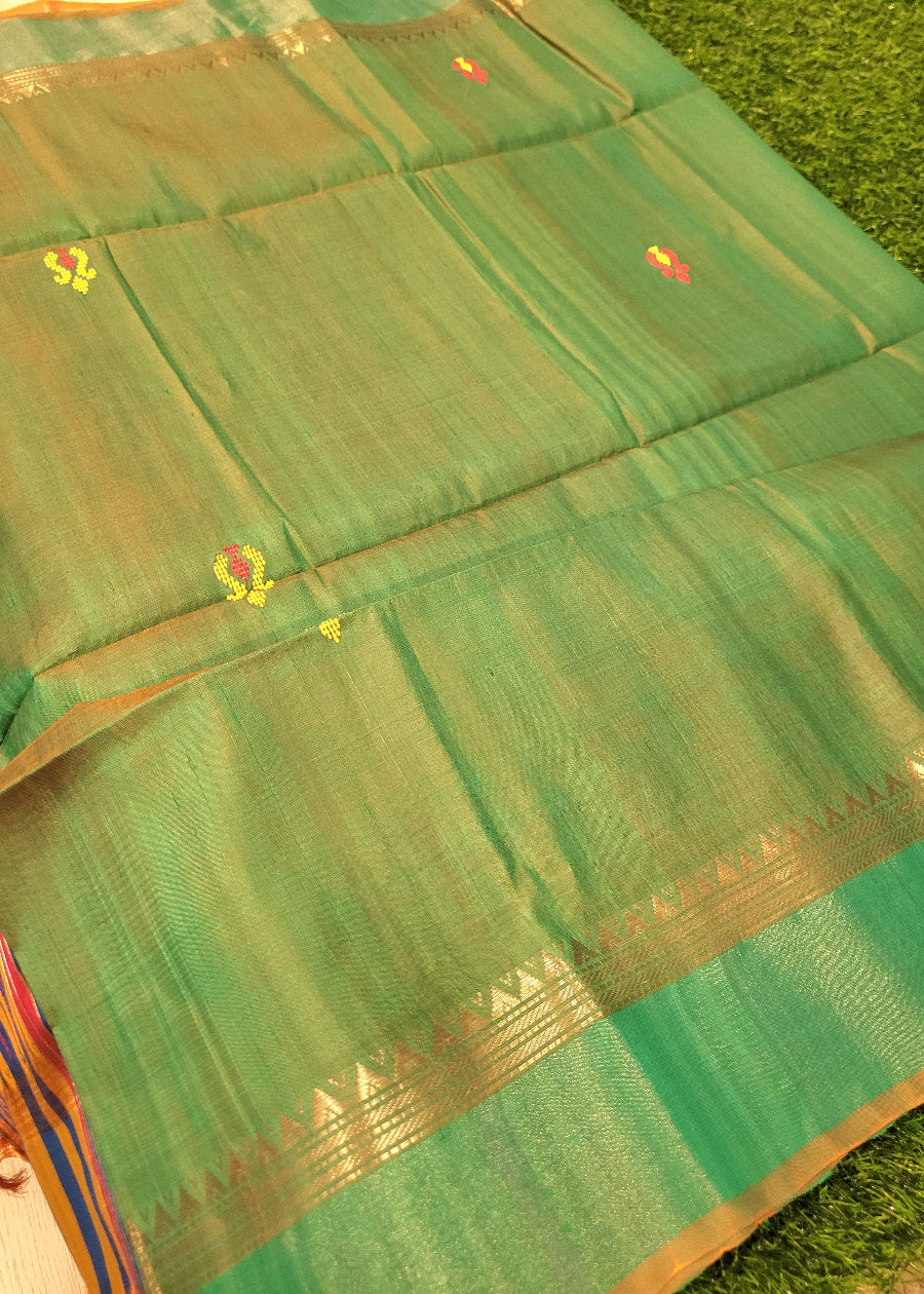 Turquoise  Dual Tone With Mustard Colour Kalakshetra Pure Silk Saree- Bengal