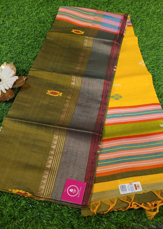 Elegant Kalakshetra Pure Silk Saree In Olive Green And Yellow- Bengal