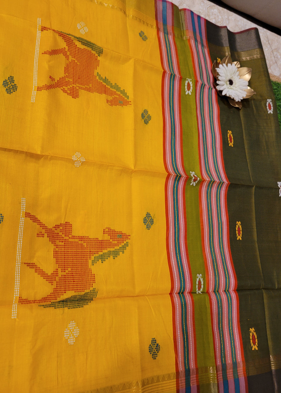 Elegant Kalakshetra Pure Silk Saree In Olive Green And Yellow- Bengal