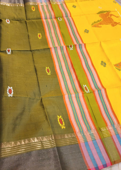 Elegant Kalakshetra Pure Silk Saree In Olive Green And Yellow- Bengal
