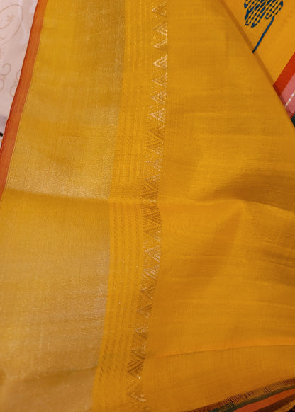 Elegant Kalakshetra Pure Silk Saree In Olive Green And Yellow- Bengal