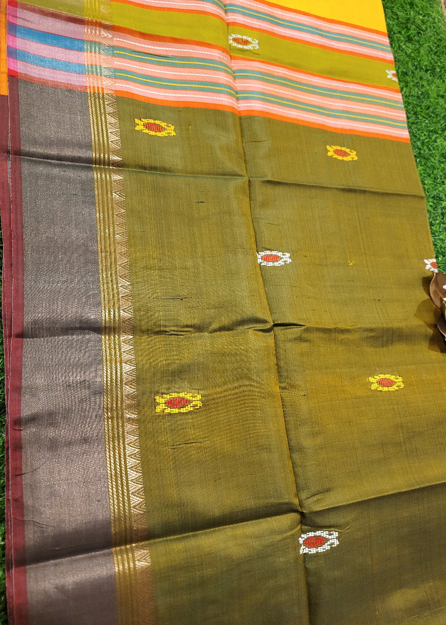 Elegant Kalakshetra Pure Silk Saree In Olive Green And Yellow- Bengal
