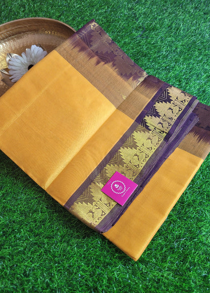 Yellow And Dark Brown Pure Silk Cotton Saree- TN