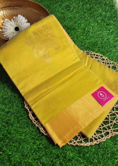 Greenish Yellow Pure Kora Silk Saree- TN