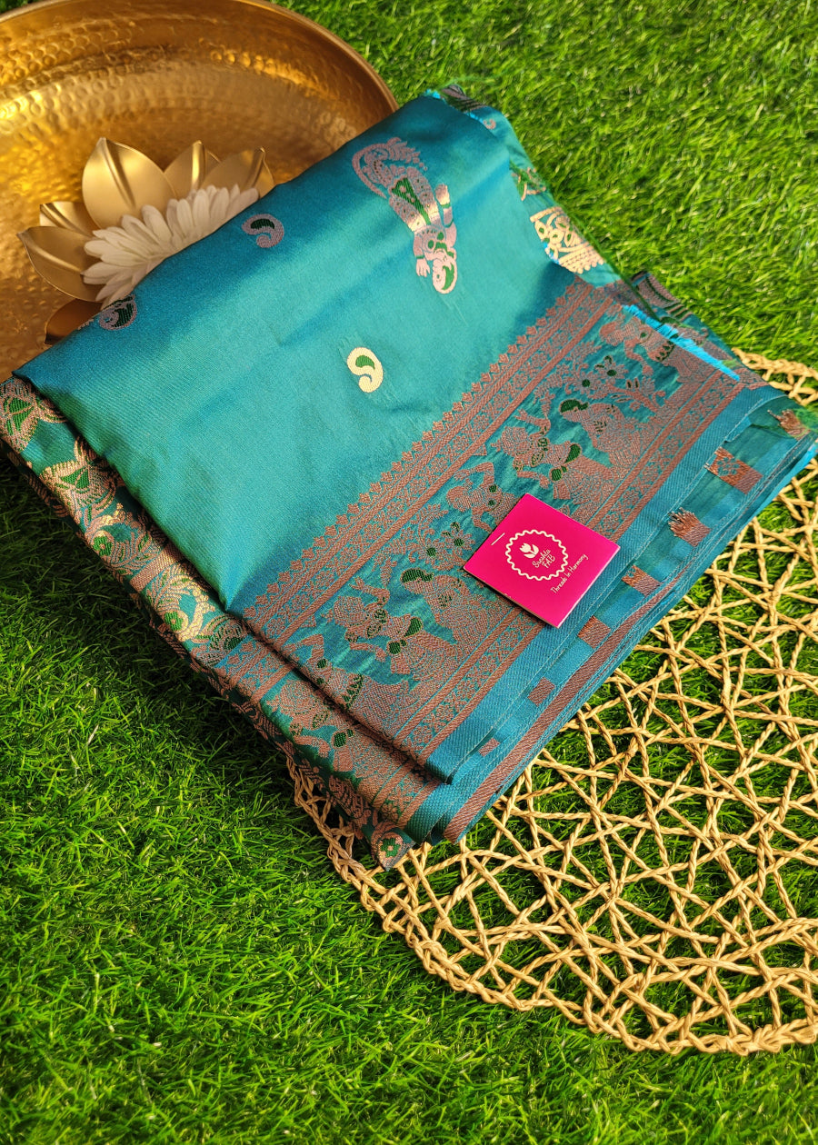 Teal Dual Tone Semi Baluchari Saree-Bengal