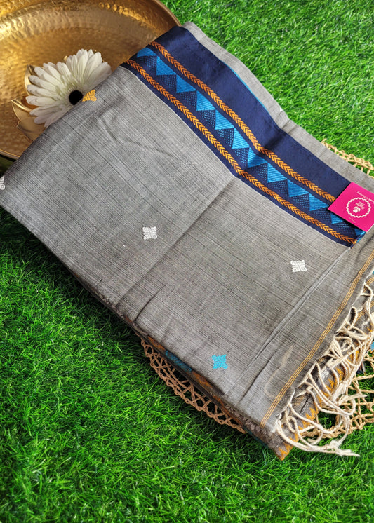 Grey and Navy Blue Soft Cotton Saree-Bengal