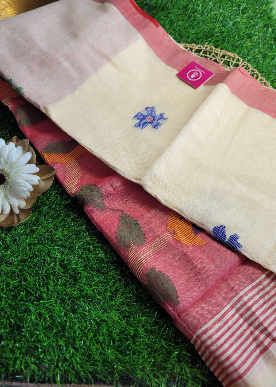 Offwhite and Red Cotton Silk Saree-Bengal