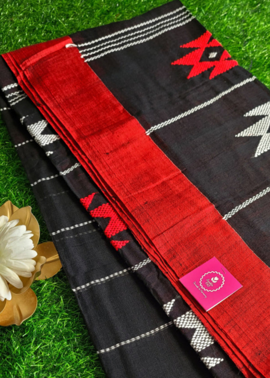 Black and Red Cotton Saree-Bengal