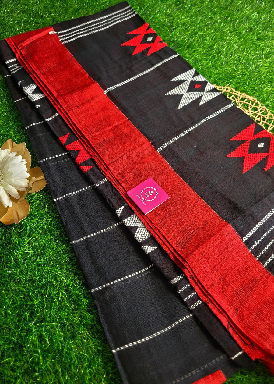 Black and Red Cotton Saree-Bengal