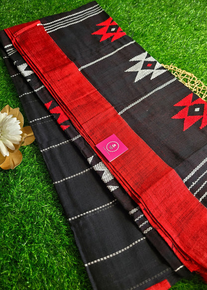Black and Red Cotton Saree-Bengal