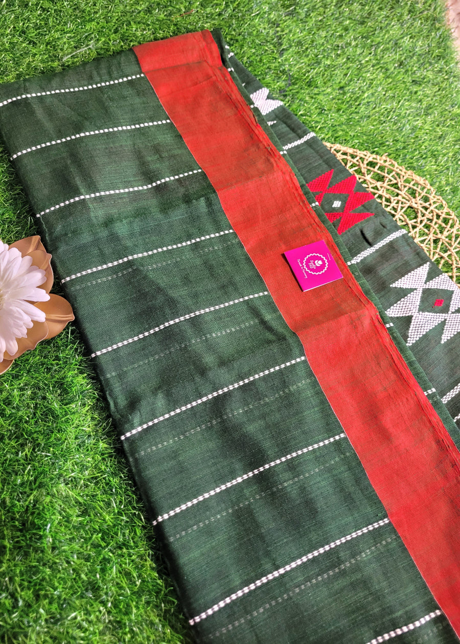 Bottle Green and Red Cotton Saree- Bengal