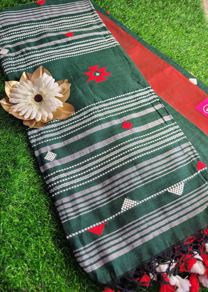 Bottle Green and Red Cotton Saree- Bengal
