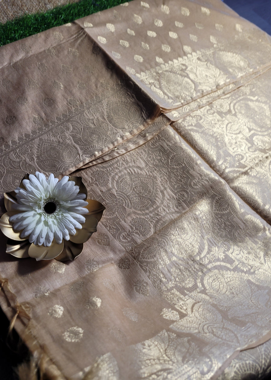 Beige and Gold Semi Munga Silk Saree-Bengal