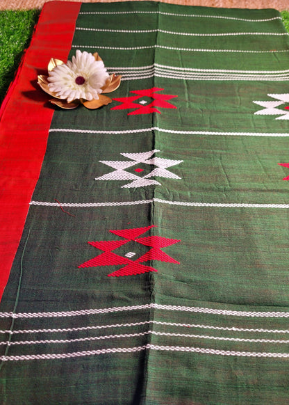 Bottle Green and Red Cotton Saree- Bengal