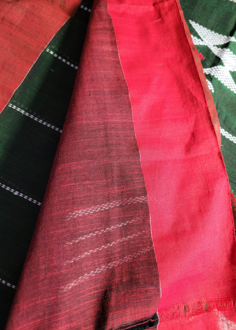 Bottle Green and Red Cotton Saree- Bengal