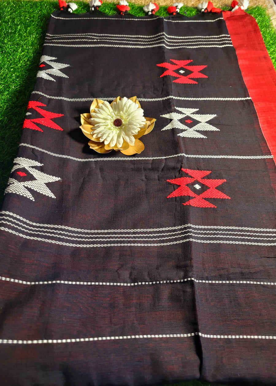 Black and Red Cotton Saree-Bengal