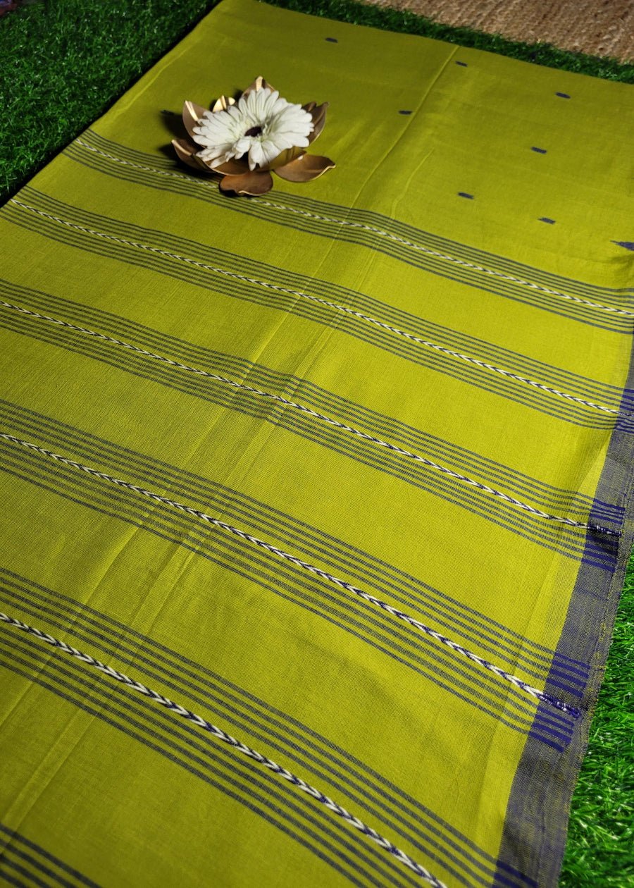 Greenish Yellow Soft Khadi Cotton Saree-Bengal.