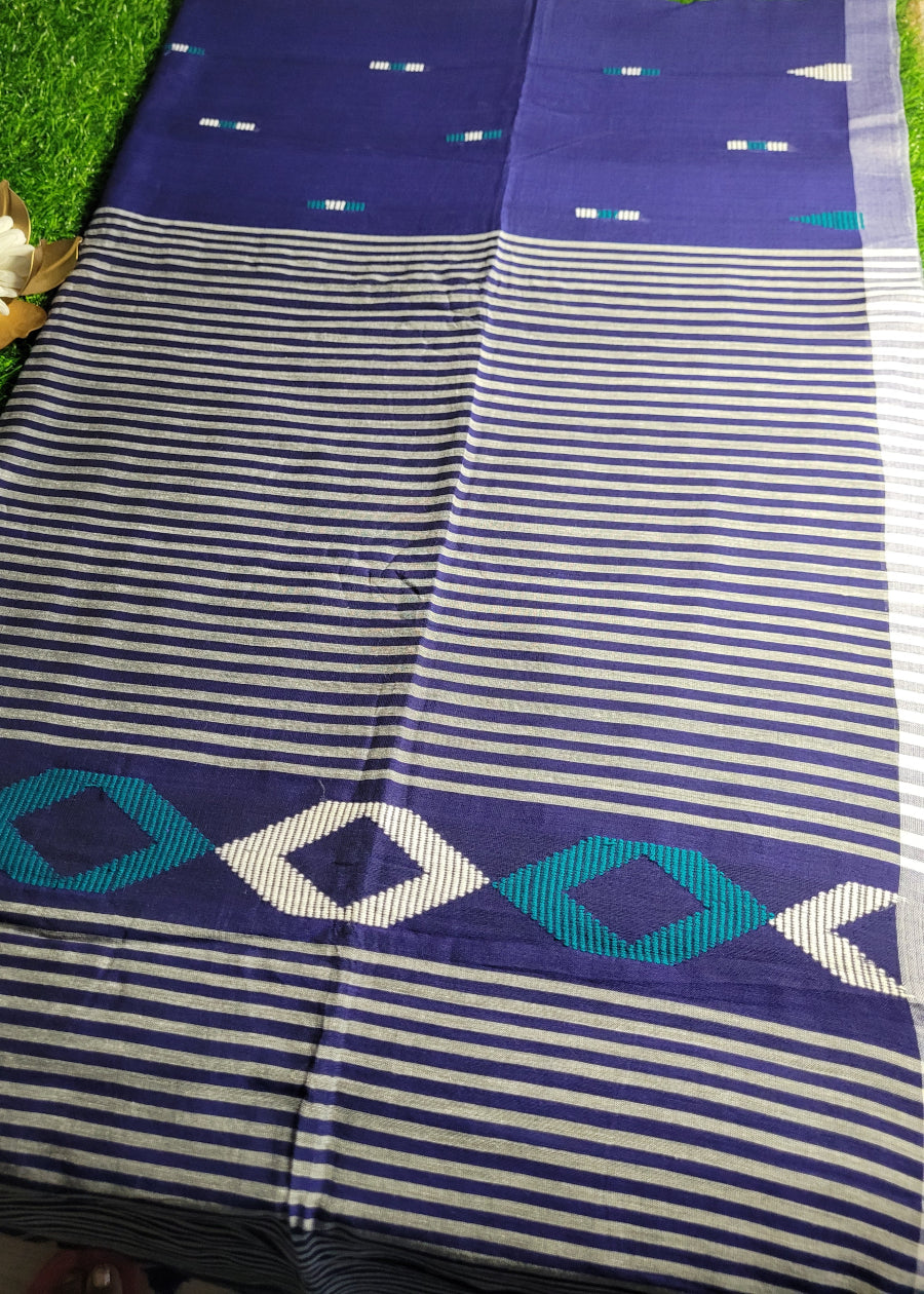 Navy Blue Khadi Cotton Saree - Bengal