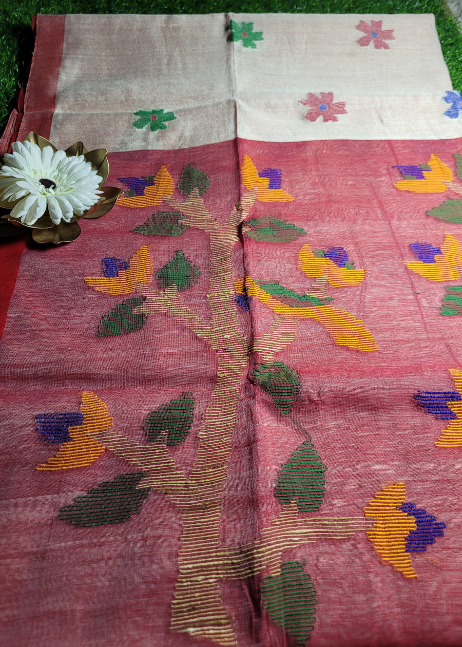 Offwhite and Red Cotton Silk Saree-Bengal
