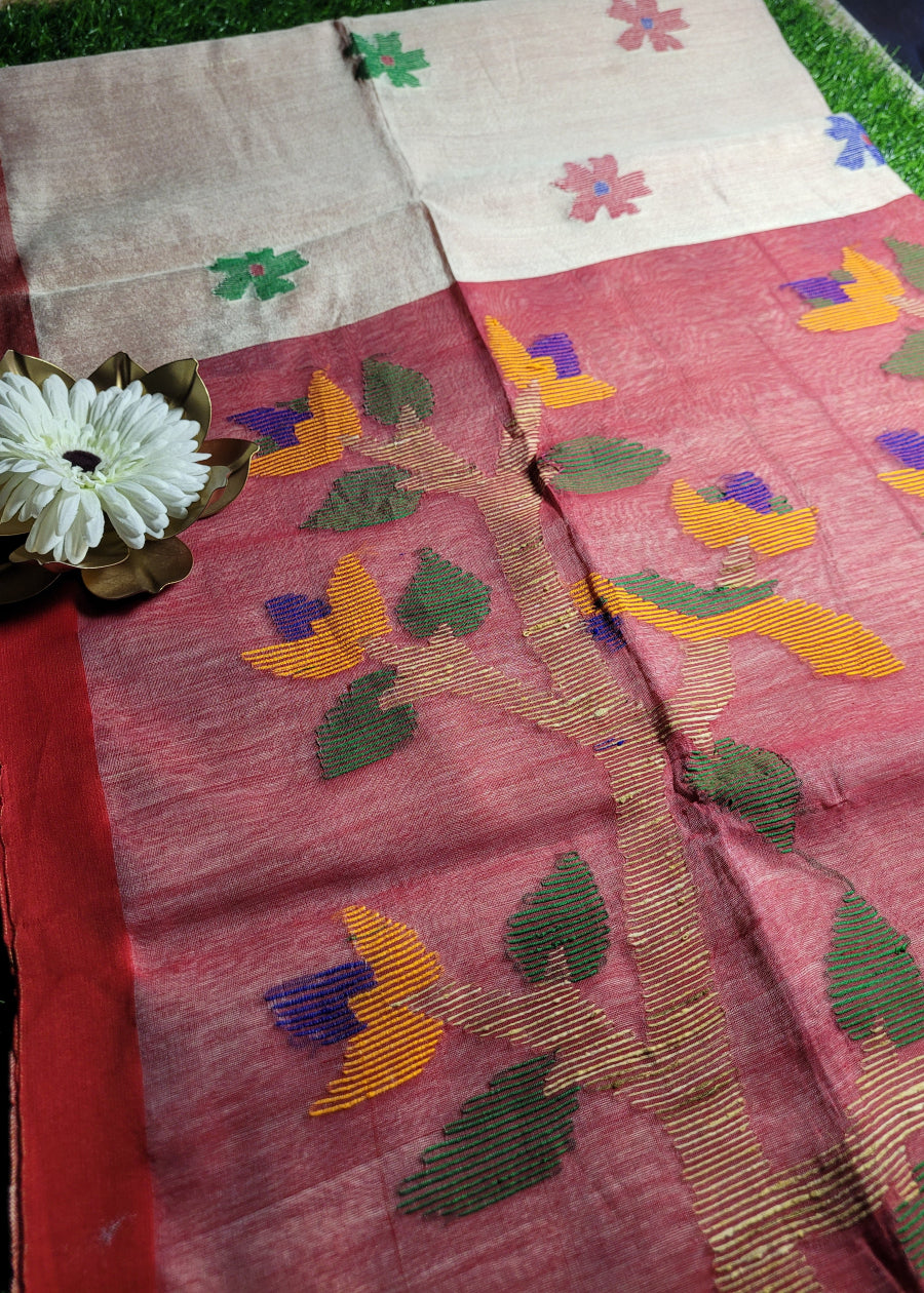 Offwhite and Red Cotton Silk Saree-Bengal