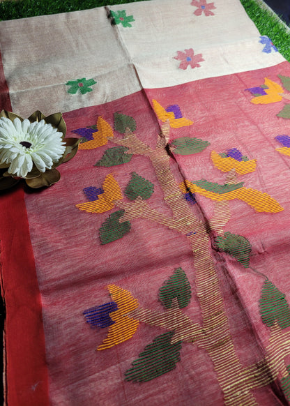 Offwhite and Red Cotton Silk Saree-Bengal