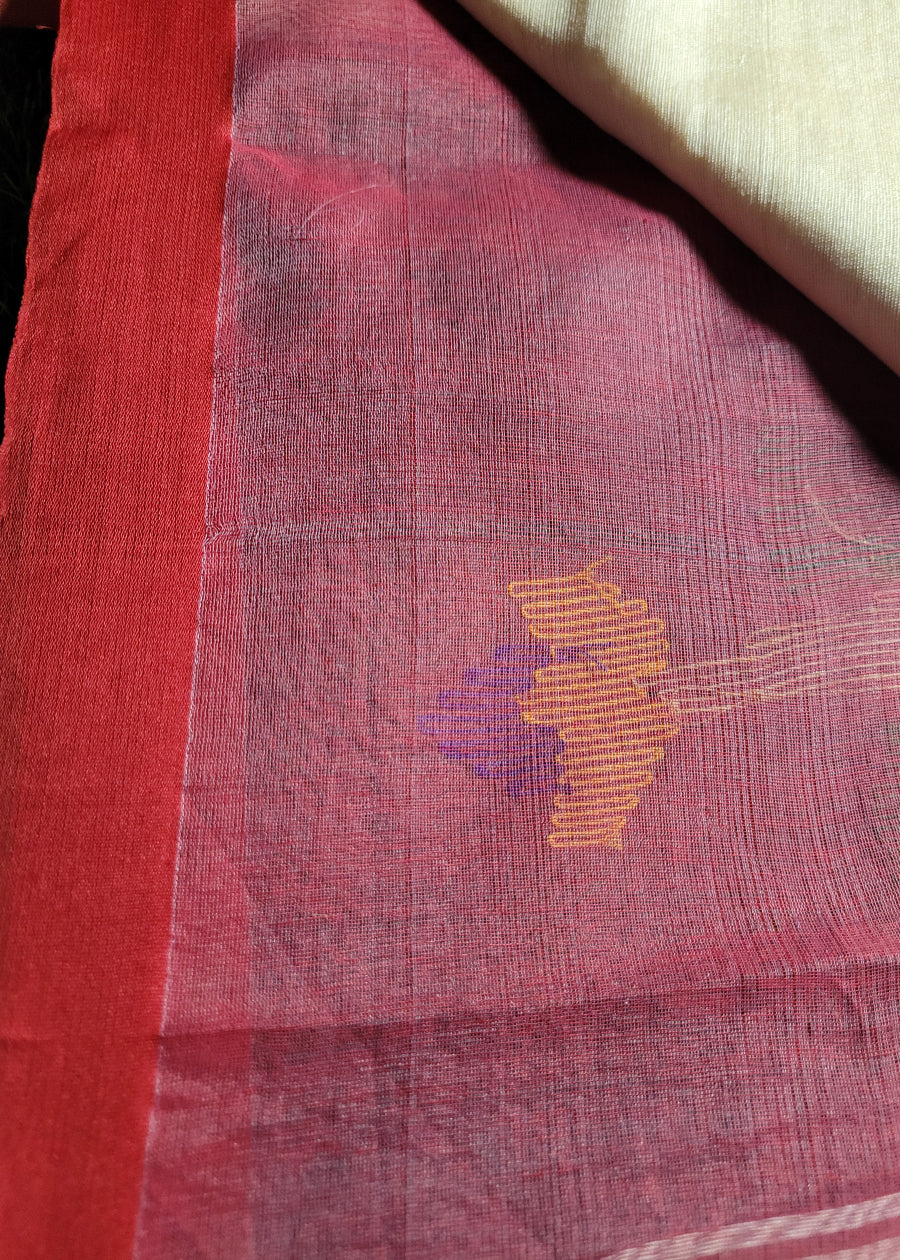 Offwhite and Red Cotton Silk Saree-Bengal