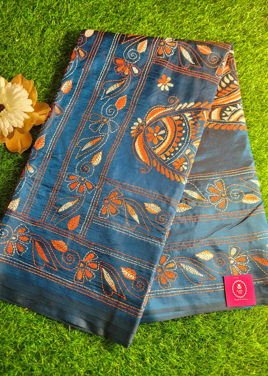 Midnight Blue Kantha Work Saree- Bengal