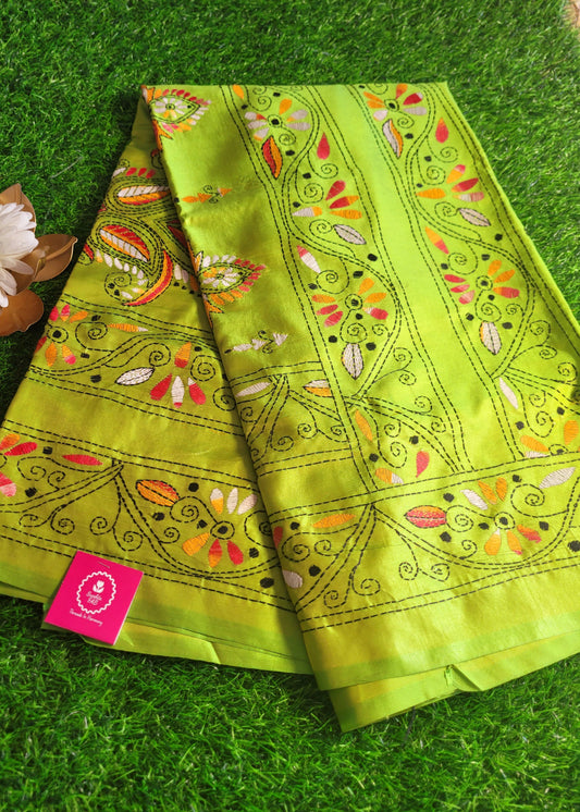 Parrot Green Kantha Work Saree- Bengal