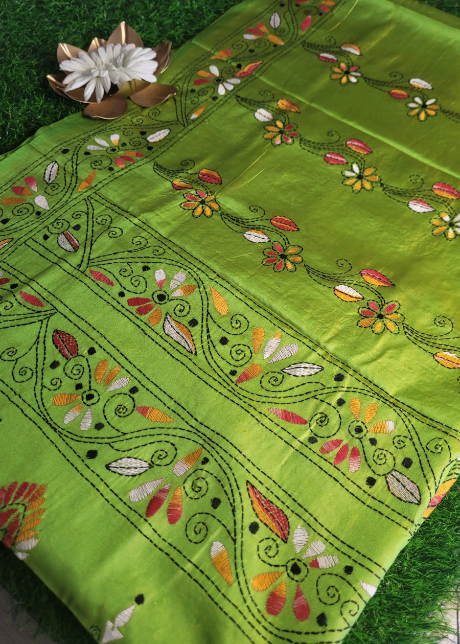Parrot Green Kantha Work Saree- Bengal