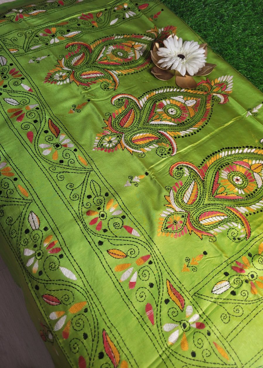 Parrot Green Kantha Work Saree- Bengal
