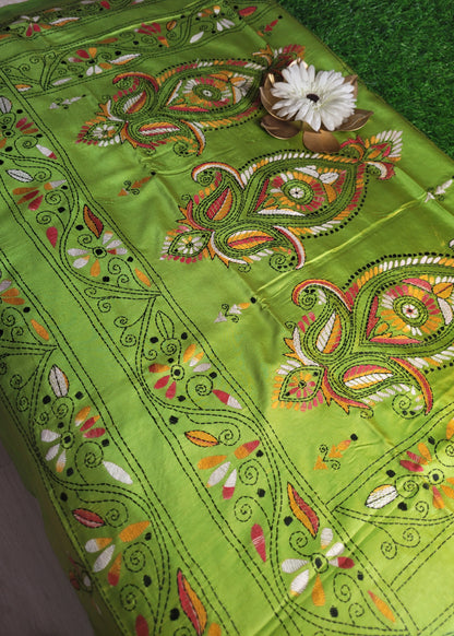Parrot Green Kantha Work Saree- Bengal