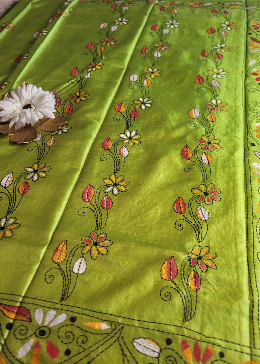 Parrot Green Kantha Work Saree- Bengal