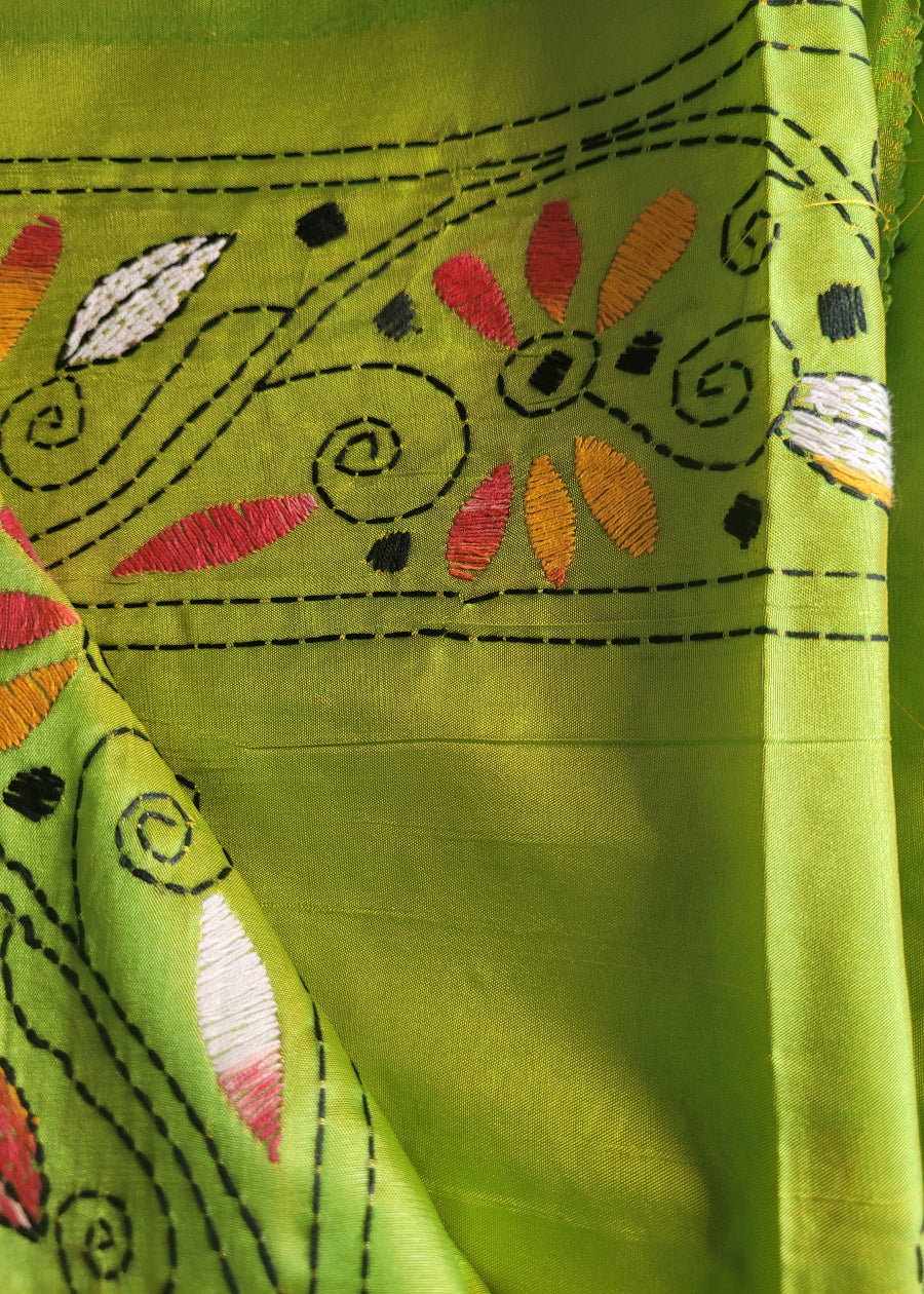 Parrot Green Kantha Work Saree- Bengal