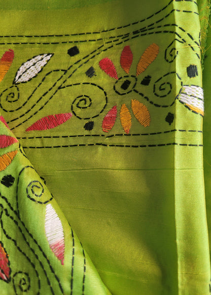 Parrot Green Kantha Work Saree- Bengal