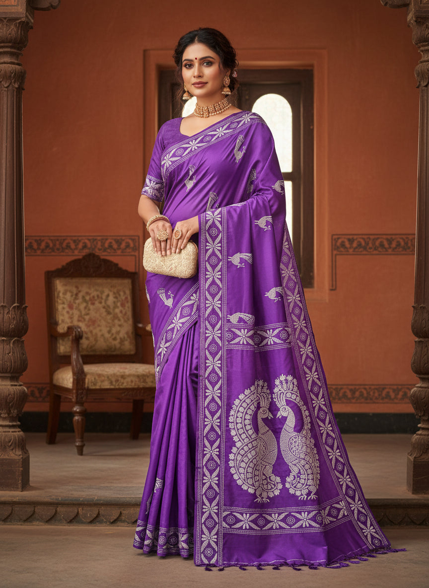 Purple Colour Kantha Work Saree- Bengal
