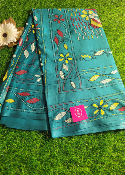 Teal Blue Kantha Work Saree-Bengal