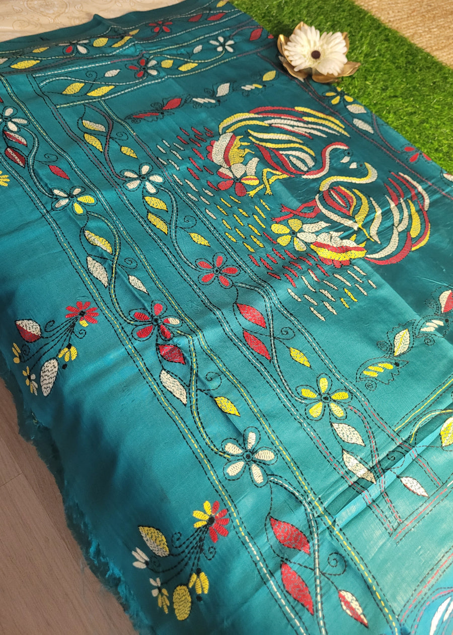 Teal Blue Kantha Work Saree-Bengal