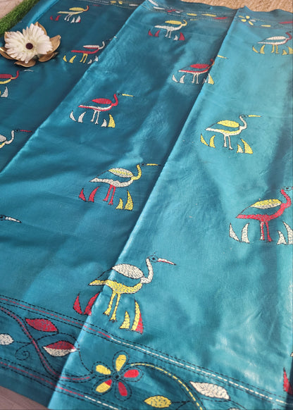 Teal Blue Kantha Work Saree-Bengal