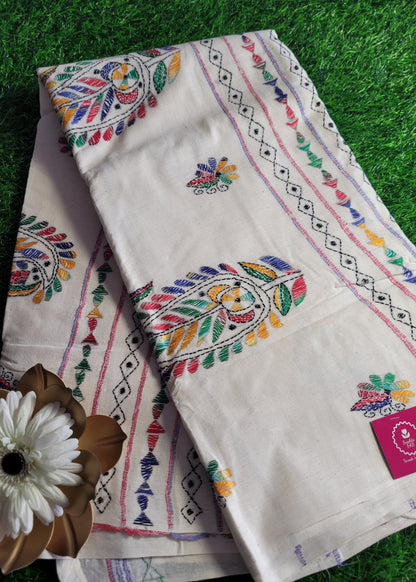White Cotton Saree With Kantha Work- Bengal