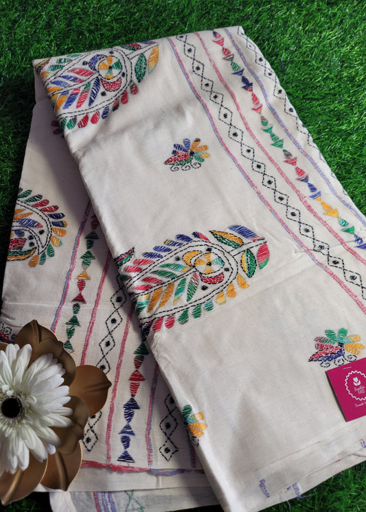 White Cotton Saree With Kantha Work- Bengal